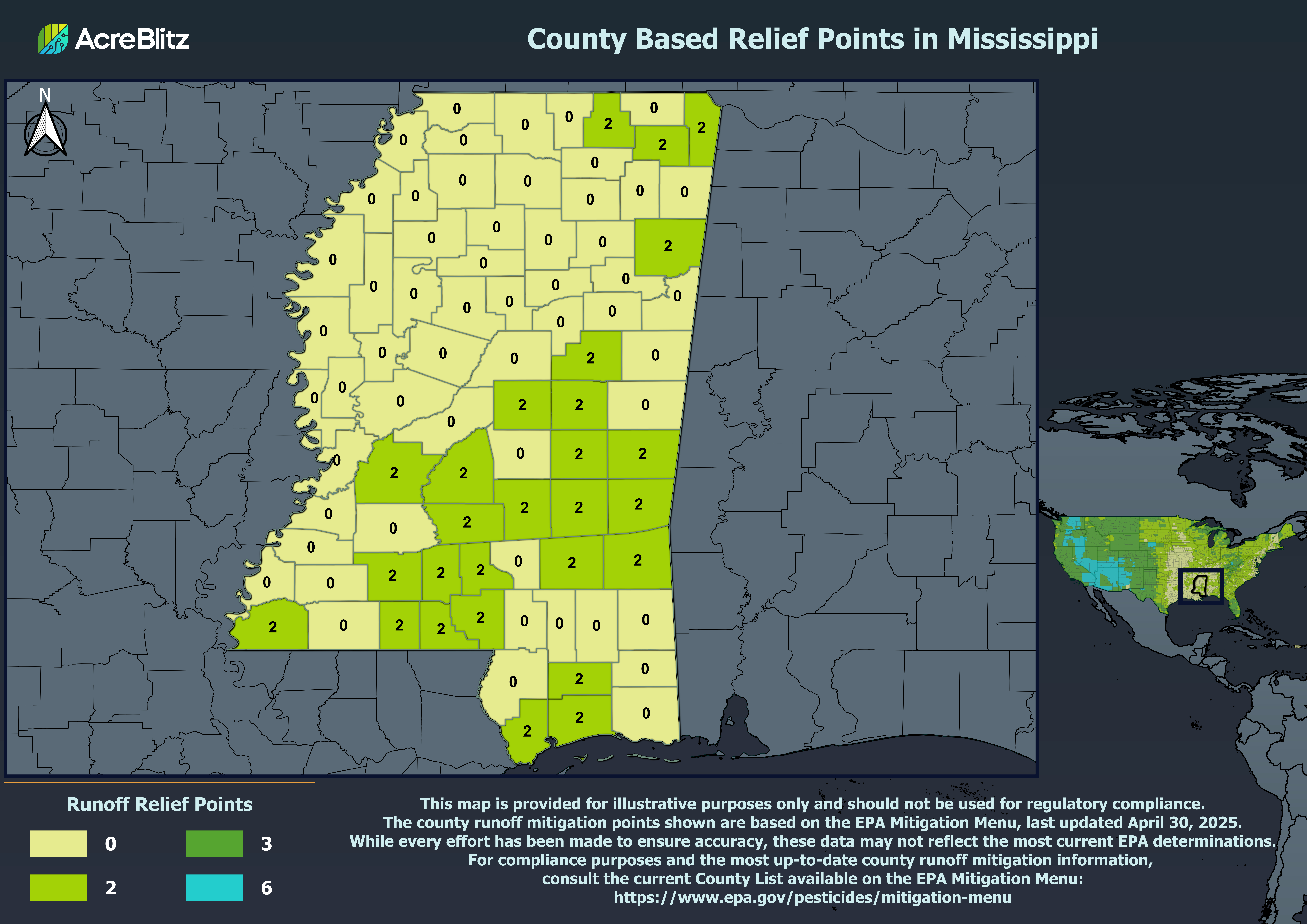Mississippi Runoff Relief Points by County